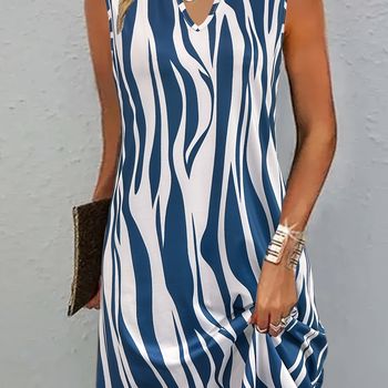 Vestido Estampado A Rayas Con Cuello En V, Vestido Sin Mangas Para Vacaciones De Primavera Y Verano, Ropa De Mujer