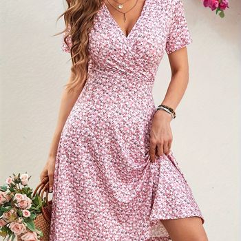 Vestido con estampado floral Ditsy, cuello cruzado, elegante vestido corto de manga corta para primavera y verano, ropa de mujer