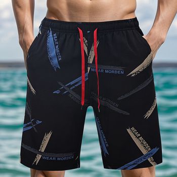 Bermudas de hombre con estampado geométrico y bolsillos, pantalones cortos informales con cordón para la playa, vacaciones de verano, natación y surf