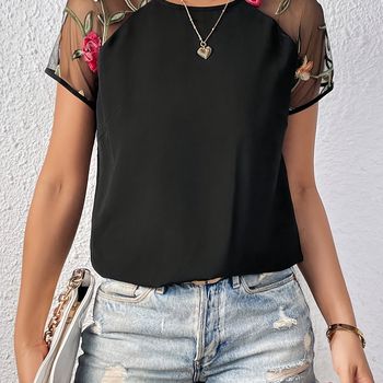 Blusa De Malla Con Estampado Floral En Contraste, Elegante Blusa De Manga Corta Con Cuello Redondo, Ropa De Mujer