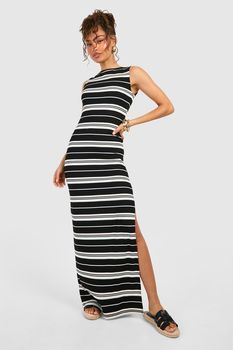 Vestido Maxi De Canalé Con Rayas Y Escote Oblicuo, Negro