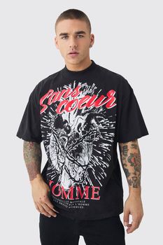 Camiseta Oversize Con Cuello Extendido Y Estampado Gráfico De Corazón, Negro