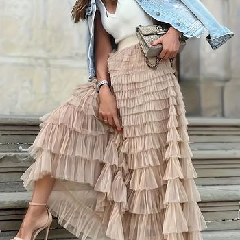 Falda De Cintura Alta Con Volantes En Capas Y Detalles De Malla, Elegante Para Primavera Y Otoño, Ropa De Mujer