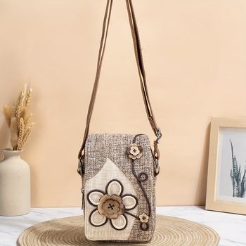 Bolsa de teléfono con diseño floral para mujer, bolso bandolera de estilo retro con correa ajustable y contraste de color.