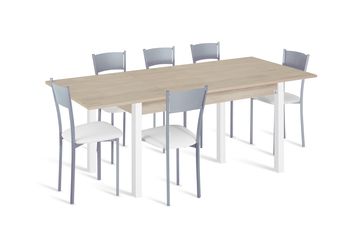 Conjunto de mesa extens. phyna (120-180)x80 roble/bco + 6 sillas asiento bco