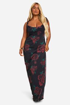 Vestido Plus Maxi De Malla Con Escote Plisado Y Atadura Con Estampado De Flores Y Rosas, Negro