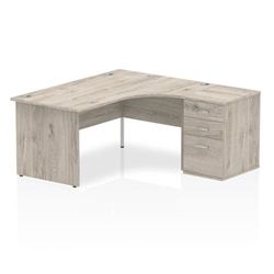 Impulse 1600mm Right Crescent Desk Grey Oak Panel Leg + Desk High Ped