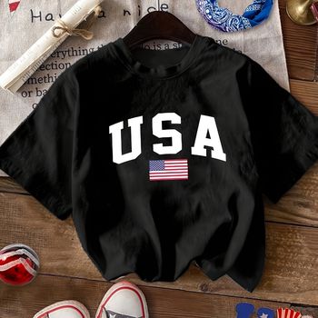 Camiseta estampada con letra y bandera americana, de manga corta y cuello redondo, top casual para verano y primavera, ropa de mujer