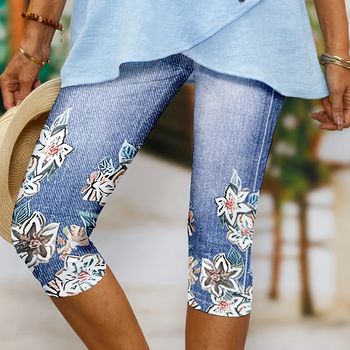 Leggings ajustados con estampado floral, leggings cortos casuales para primavera y verano, ropa de mujer