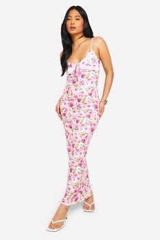 Vestido Petite Maxi De Flores Con Atadura Frontal Y Encaje, Pink