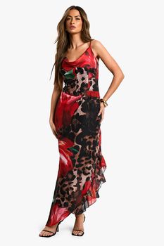 Vestido Maxi Estilo Corsé De Chifón Con Estampado De Leopardo Y Flores Mixtas, Multi