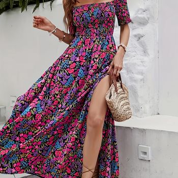 Vestido con estampado floral, elegante vestido corto sin mangas con fruncido y abertura para primavera y verano, ropa de mujer.