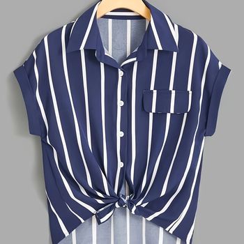 Camisa De Manga Murciélago Estampada A Rayas, Camisa Casual Con Botones Y Cuello, Ropa De Mujer