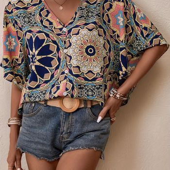 Blusa suelta con estampado floral y botones delanteros, elegante blusa con cuello en V y mangas murciélago, ropa de mujer