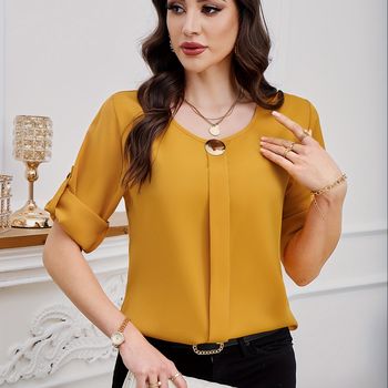 Blusa Plisada De Manga Corta Con Cuello Redondo, Ideal Para Primavera Y Verano, Prenda Elegante Para Mujer