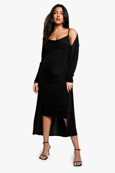 Conjunto Premamá De Guardapolvo Y Vestido De Tirantes Con Escote Plisado, Negro