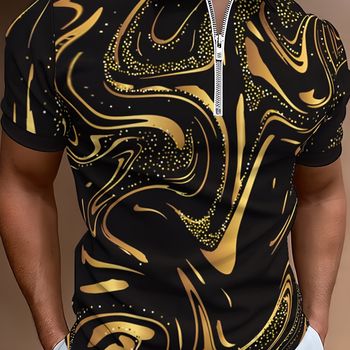 Camisa de verano con estampado de patrón abstracto de remolinos dorados para hombre con cierre de cremallera y cuello tipo solapa