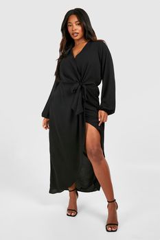 Vestido Plus Maxi De Raso Texturizado Con Atadura, Negro