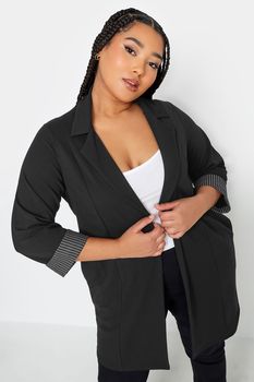 Yours Curve Blazer Negro A Rayas Diplomáticas Con Mangas Vueltas, Mujer Curvy Y Tallas Grandes, Yours