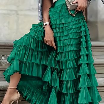 Falda Con Capas De Malla En El Dobladillo, Falda Elegante De Cintura Alta, Ropa De Mujer