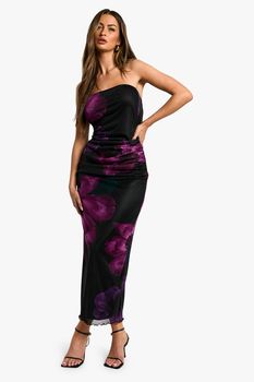 Vestido Maxi Palabra De Honor De Malla Con Estampado De Flores, Negro