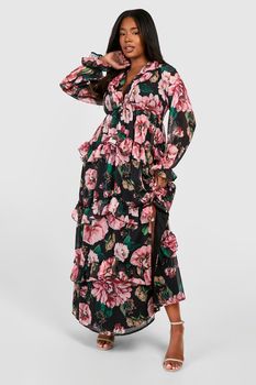 Vestido Plus Maxi De Chifón Con Volante Y Estampado De Flores, Negro