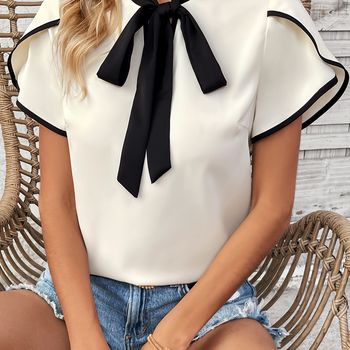 Blusa Con Lazo En Contraste, Top Elegante Con Mangas De Pétalo Para Primavera Y Verano, Ropa De Mujer