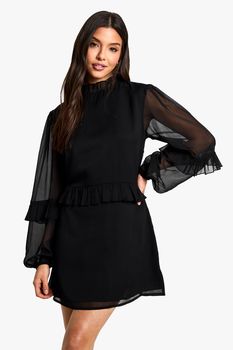 Vestido Mini Recto De Chifón Con Cuello Alto, Negro