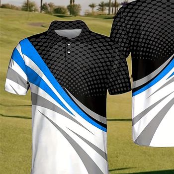 Camisa De Verano Con Estampado Digital De Patrón Geométrico Y Bloques De Color Para Hombre, Ideal Para Actividades Al Aire Libre, Golf, Bolos Y Tenis.