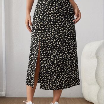 Falda De Talle Alto Estampada Floral, Falda Midi Con Abertura Casual Para Primavera Y Verano, Ropa De Mujer