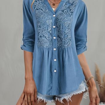 Camisa de encaje contrastante, elegante camisa de manga enrollable con botones delanteros, ropa de mujer