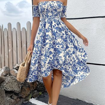 Vestido con estampado floral, hombros descubiertos y fruncido, elegante vestido sin espalda con dobladillo asimétrico para primavera y verano, ropa de mujer para vestir de fiesta