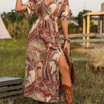 Vestido midi con cuello en V y estampado paisley, vestido corto con mangas abullonadas y cintura fruncida para vacaciones de primavera y verano, ropa de mujer