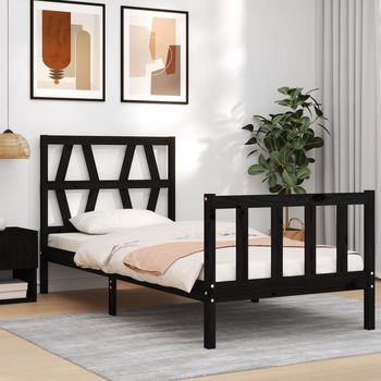 vidaXL Estructura de cama individual con cabecero madera maciza negro