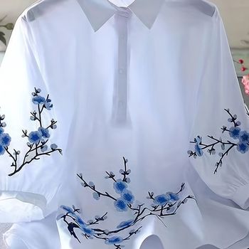 Blusa bordada floral, blusa elegante con botones fruncidos y cuello, ropa de mujer