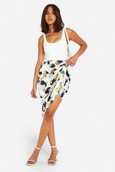 Falda Midi De Raso Drapeada Con Estampado De Flores, Beige