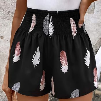 Pantalones cortos sueltos de cintura alta con estampado de plumas, pantalones cortos casuales con cintura elástica para primavera y verano, ropa de mujer