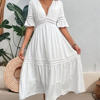 Vestido de lunares suizos sólidos con encaje de contraste, vestido de cintura con mangas cortas y cuello en V, ropa de mujer