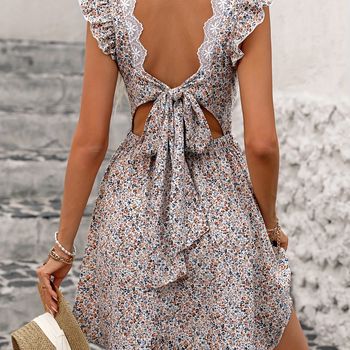 Vestido de encaje con lazo en la espalda, elegante vestido de manga con volantes y cuello cuadrado para primavera y verano, ropa de mujer.