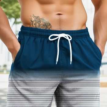 Pantalones Cortos Degradados Con Estampado A Rayas Para Hombre, Ideales Para El Verano Y Las Vacaciones En La Playa