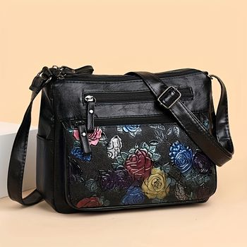 Bolso de hombro de mujer con relieve de flores vintage, bolso cruzado de color sólido, bolso versátil con cremallera