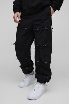 Pantalón Holgado De Nailon Fruncido Con Cintura Elástica, Negro