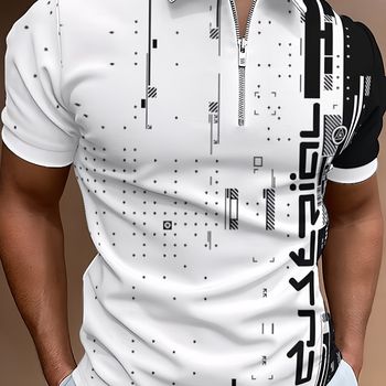 Camisa de verano diaria para hombres con estampado de rayas negras y blancas y cierre de cremallera en el cuello con diseño de cuello con cremallera elegante