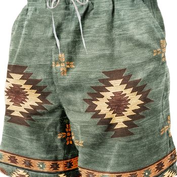 Pantalones cortos con estampado gráfico de estilo étnico con cordón y bolsillos, pantalones cortos elegantes y con estilo para el ocio de verano masculino y los centros vacacionales.